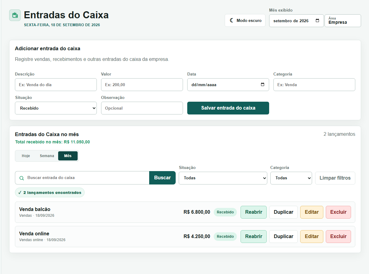 Tela real de Entradas do Caixa com cadastro, busca e filtros